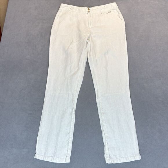 Long Tall Sally  Size 10 Tall 31” 100% Linen Straight Leg Lines Pants White - Picture 1 of 9